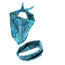 Lade das Bild in den Galerie-Viewer, Buddy Bandana Set Boteh Hundehalstuch Blau mit Muster und Haarband / Scrunchie
